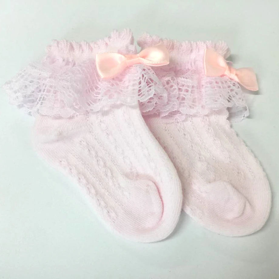 Носки для новорожденных детей белый розовый Шнуровка с бантиком из хлопка милый