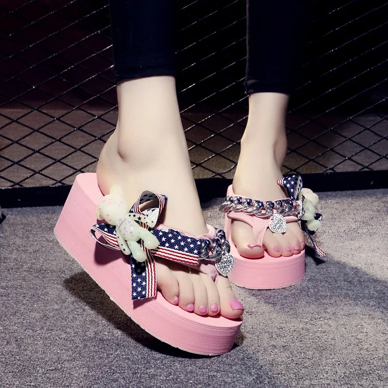 Сандалии на платформе в полоску с рисунком медведя Женские Летние вьетнамки