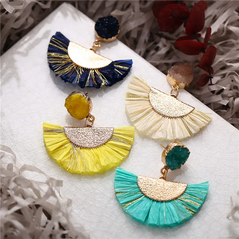 17 км богемные серьги Druzy Raffia для женщин полукруглый этнический эффектный кварц кисточка висячие серьги женские ювелирные изделия Новинка