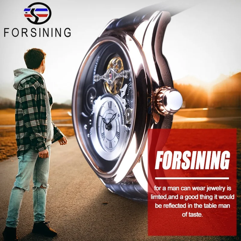 Forsining розовое золото Tourbillion натуральная кожа мужские механические полный стальной чехол часы с подарочной коробкой
