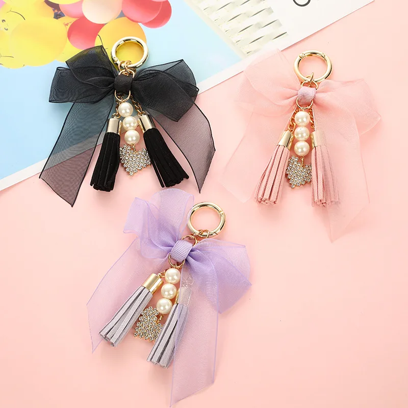 New Crystal bowknot Keychain Woman Tassel pearl Key Chain Bow Ring Women Bag Car Pendant Jewelry Gifts trinket | Украшения и