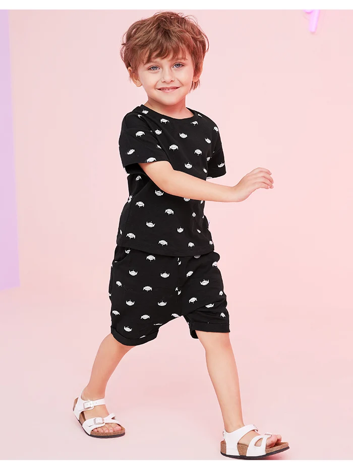 BalabalaBaby/комплекты с короткими рукавами для мальчиков Новинка года, летняя детская хлопковая Футболка с принтом «три глаза монстра»+ шорты детская одежда