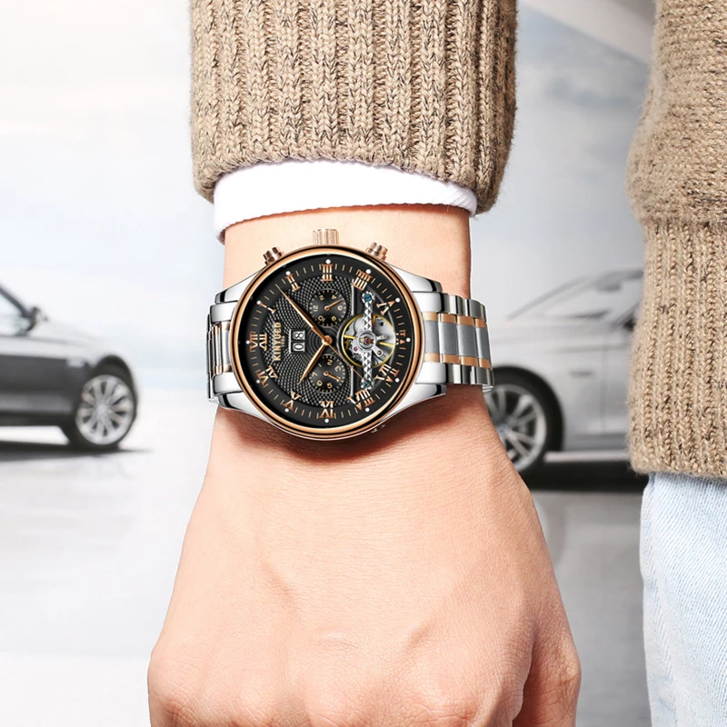 KINYUED Band элегантные черные мужские часы Tourbillon механические наручные из