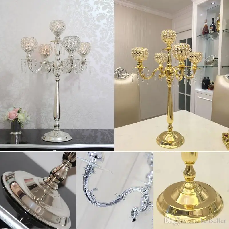 

75CM Metal Gold Silver Candle Holders 5-Arms With Crystals Stand Pillar Candlestick For Wedding Table Centerpieces Decoration