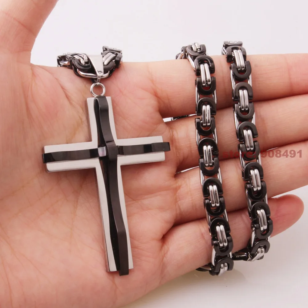 

New Arrive Mens Silver Black Tone Stainless Steel Big Cross Pendant Byzantine Necklace 6mm