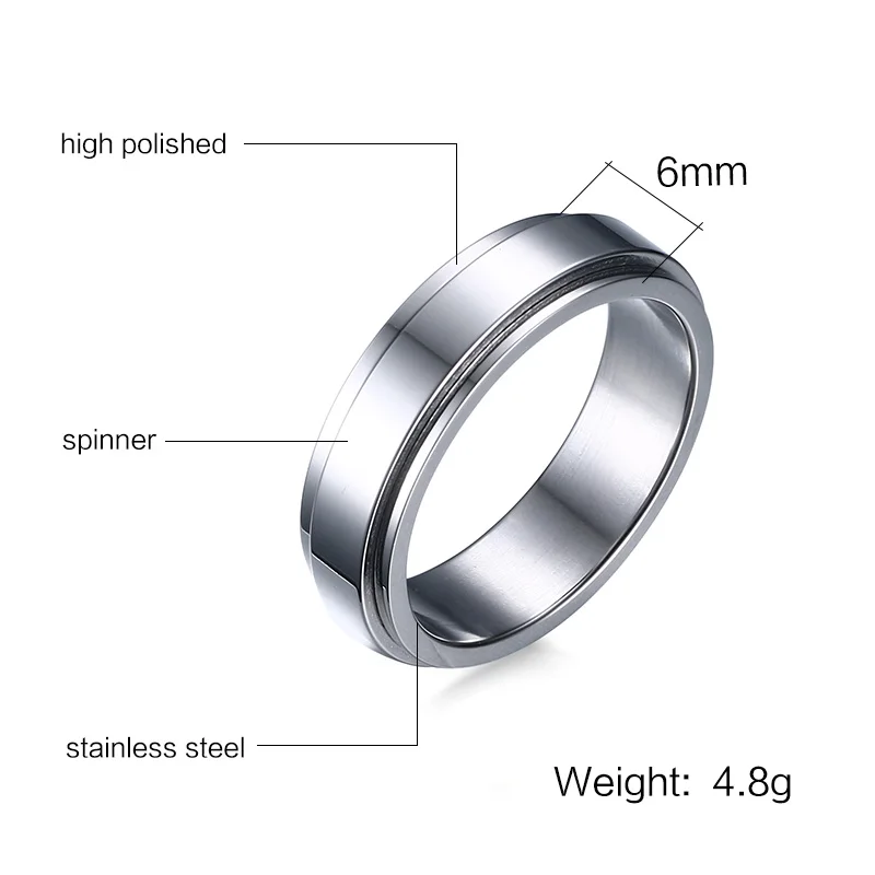 Vnox 6 мм spinner кольцо Для мужчин Jewelry Нержавеющая сталь двойная петля Дизайн
