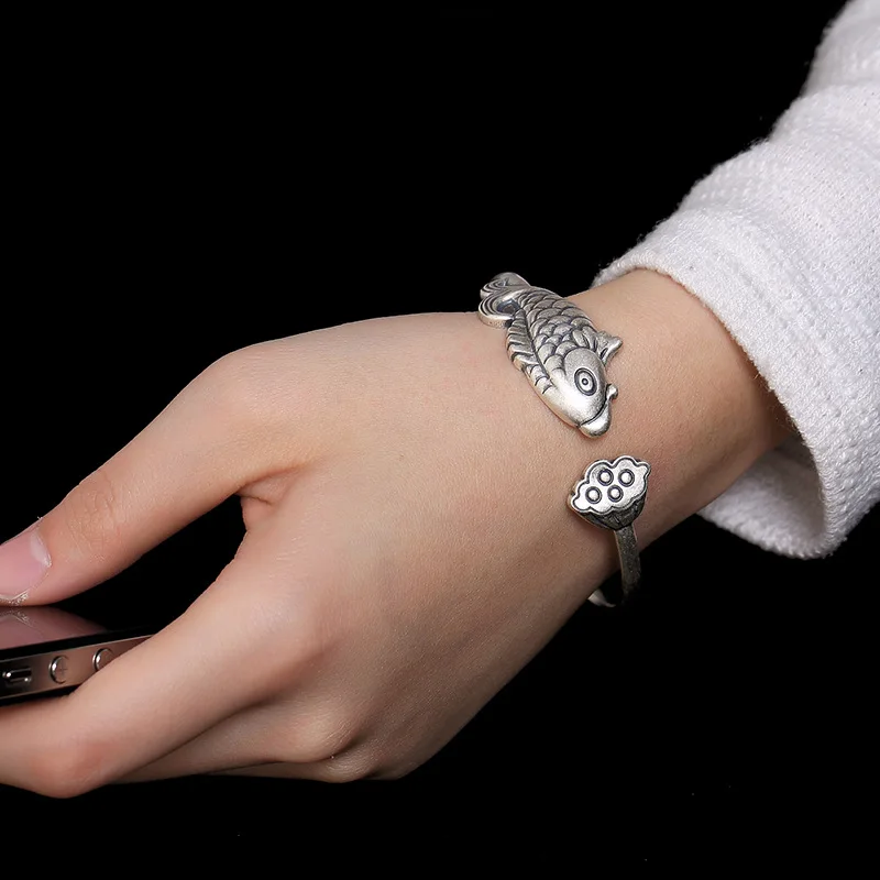 Реального Чистая 925 пробы серебро Для женщин манжеты Браслеты браслет Fish Engraved