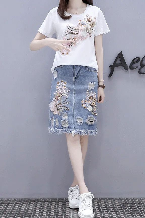 Женская Аппликация 3D цветок вышивка блестками хлопковые футболки + кисточки