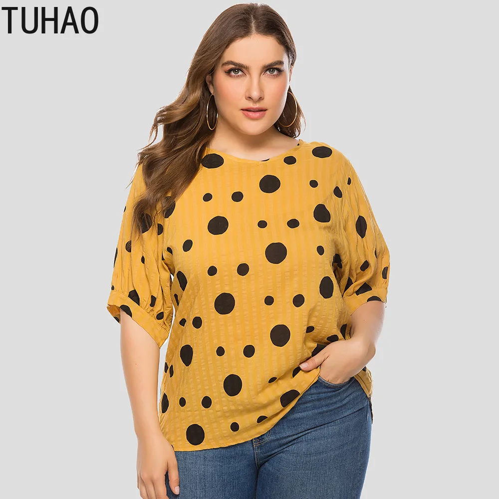 TUHAO, большой размер 4XL 3XL, желто-красная Свободная Женская Повседневная Блузка с коротким рукавом, Летняя Повседневная Блузка в горошек, Топы s, LZ17