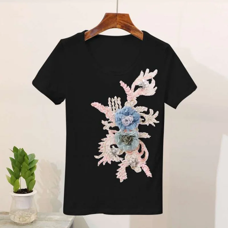black tshirt only Женский комплект из двух предметов, вышивка бисером, тяжелая работа, 3D футболки с цветочным узором+ джинсовые штаны, комплекты одежды из 2 предметов, Летние повседневные джинсовые костюмы - Цвет: black tshirt only