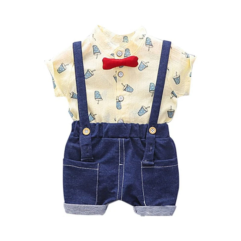 Комплект одежды для мальчиков летняя футболка с принтом + джинсы на подтяжках