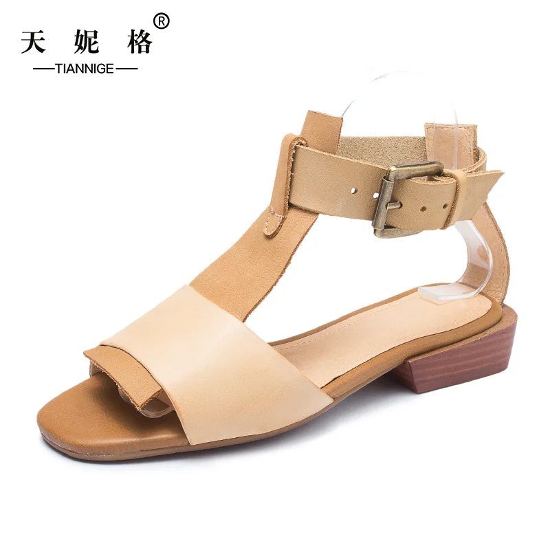 Женские кожаные сандалии Летняя обувь с открытым носком на плоской подошве в