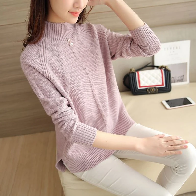 Black Sweater Fashion Women Winter Half Turtleneck Long Sleeve Slim Knitted Sweaters Female Tops Pullovers Beading White Women's |