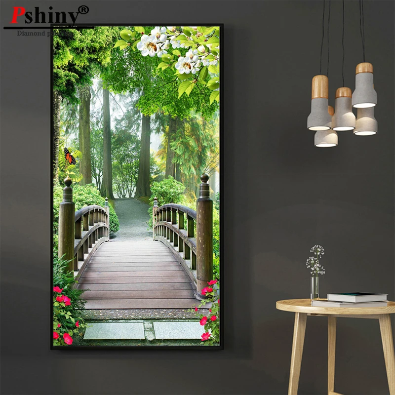 Pshiny DIY 3d Бриллиантовая Вышивка Дерево мост полный квадратный вышивка крестиком рукоделие алмазная живопись цветок картина домашний декор F385