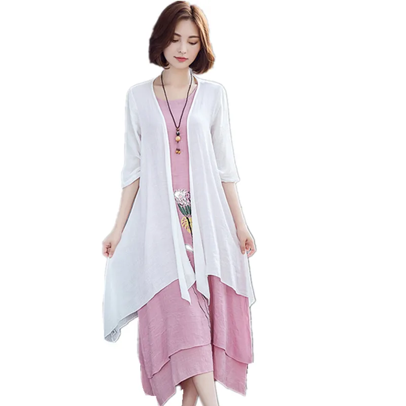 Retro 2019 Women Dress Soft Linen Cotton kimono Vintage Print Floral Two Piece Set Plus Size Long Summer Vestidos | Женская одежда