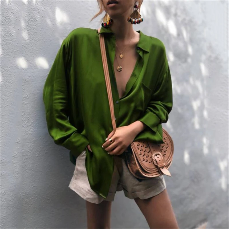 Green Harajuku Новая весенне-осенняя блузка женская рубашка с длинными рукавами модная атласная рубашка для отдыха офисные женские топы синего, зеленого и красного цвета S-2XL - Color: Green