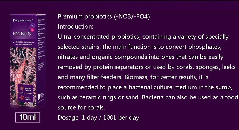 Aquaforest Pro Bio S Премиум пробиотики уменьшить коралловый цилиндр NO3 PO4 другие вредные примеси
