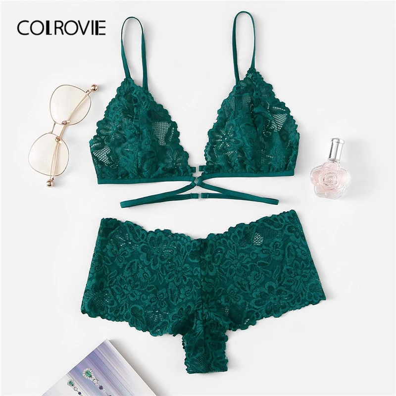 COLROVIE, зеленое цветочное кружево, сексуальное нижнее белье, женское нижнее белье, набор,, Прозрачное нижнее белье, сексуальный бюстгальтер, женский бюстгальтер и трусики
