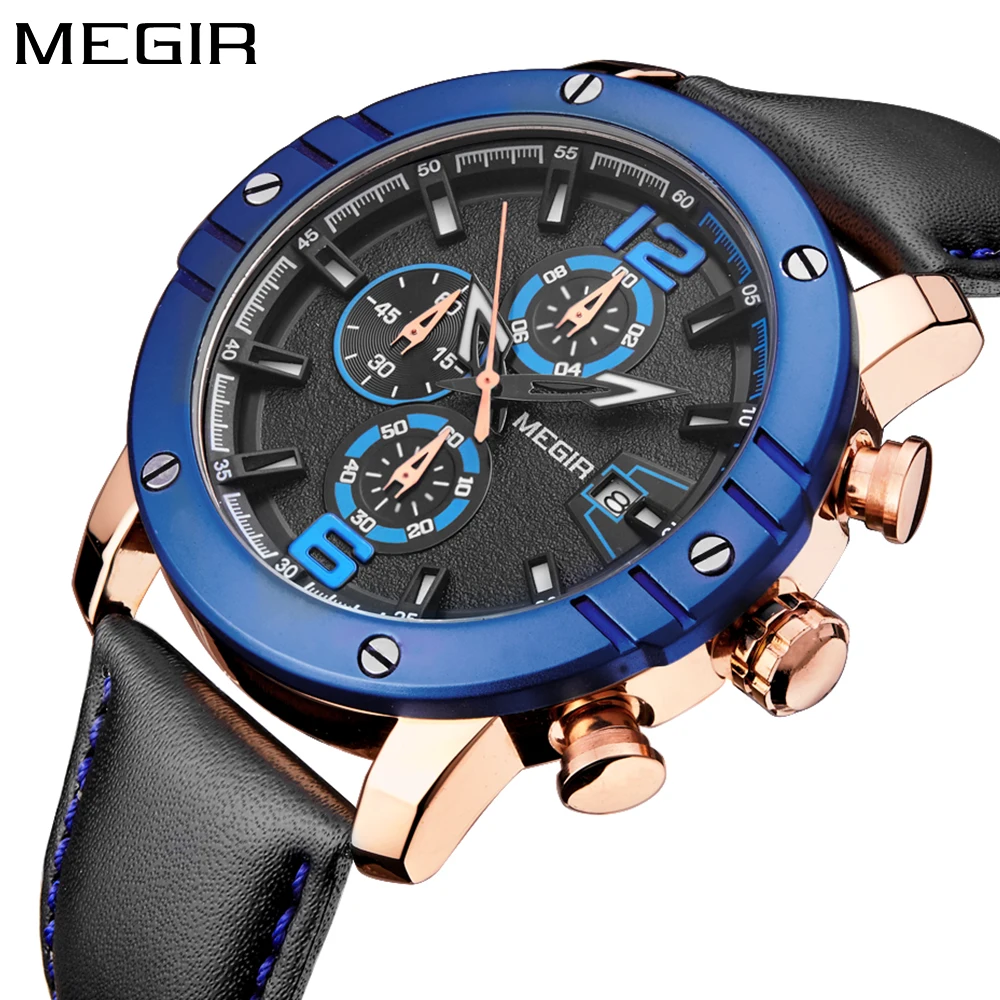Мужские кварцевые часы MEGIR спортивные армейские золотого цвета с кожаным