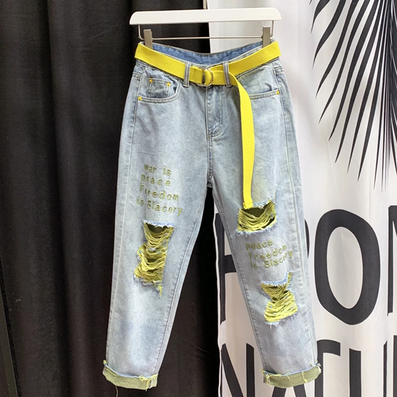 Новые хлопковые женские джинсы 2019 винтажные с вышивкой свободные штаны дырками