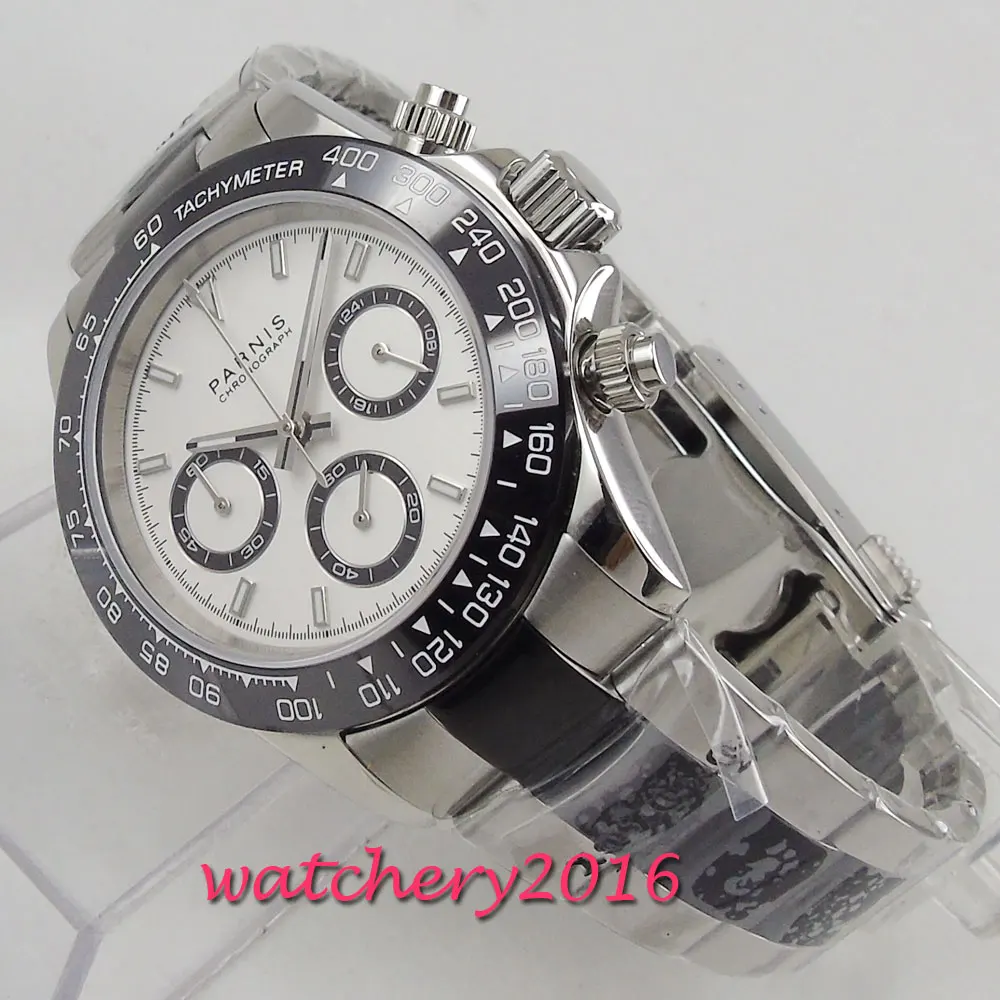 Мужские кварцевые часы parnis белые черные с цельным циферблатом хронографом датой