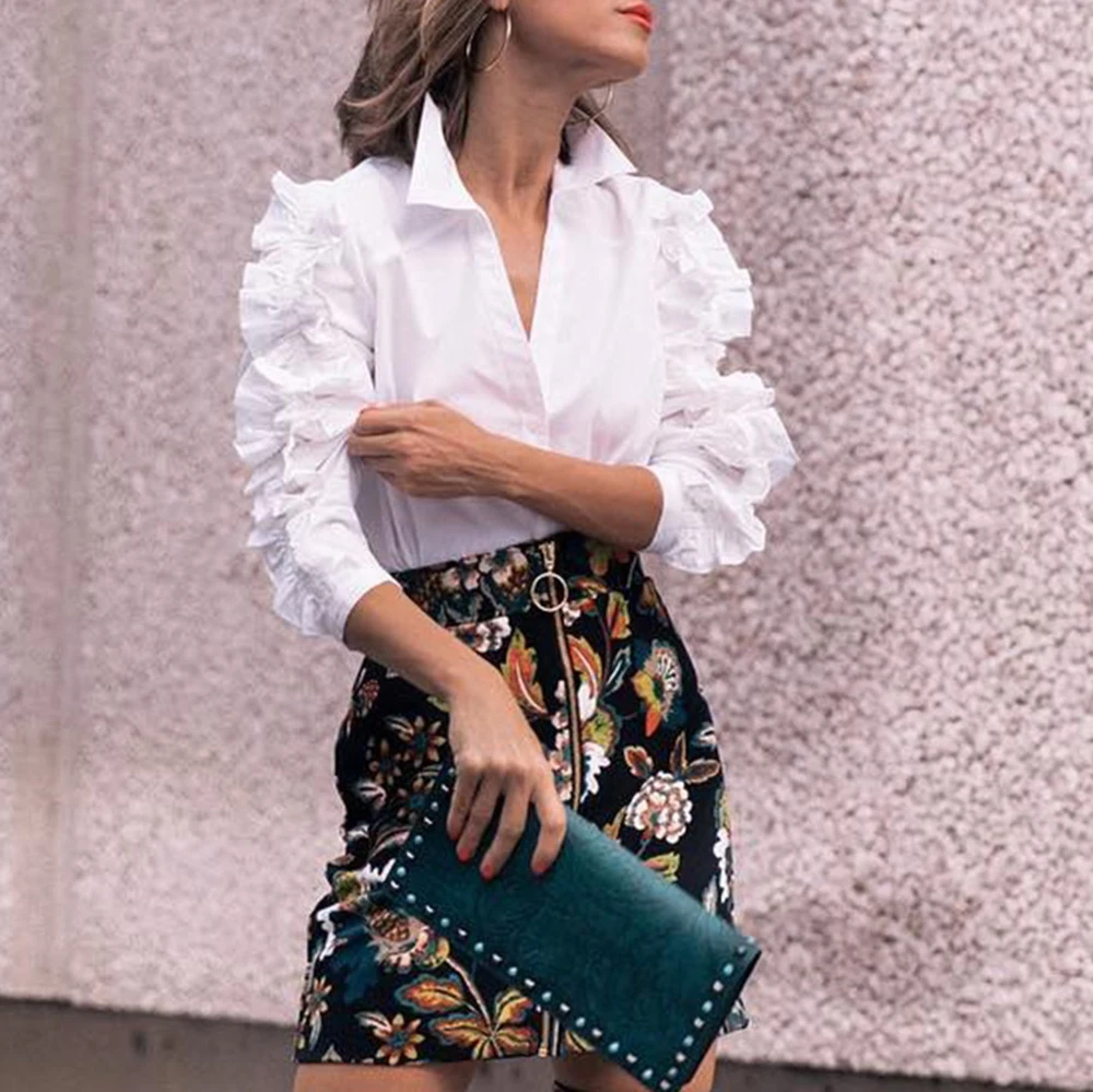 Новинка весны 2018 Женская Повседневная модная блуза с рюшами на пуговицах