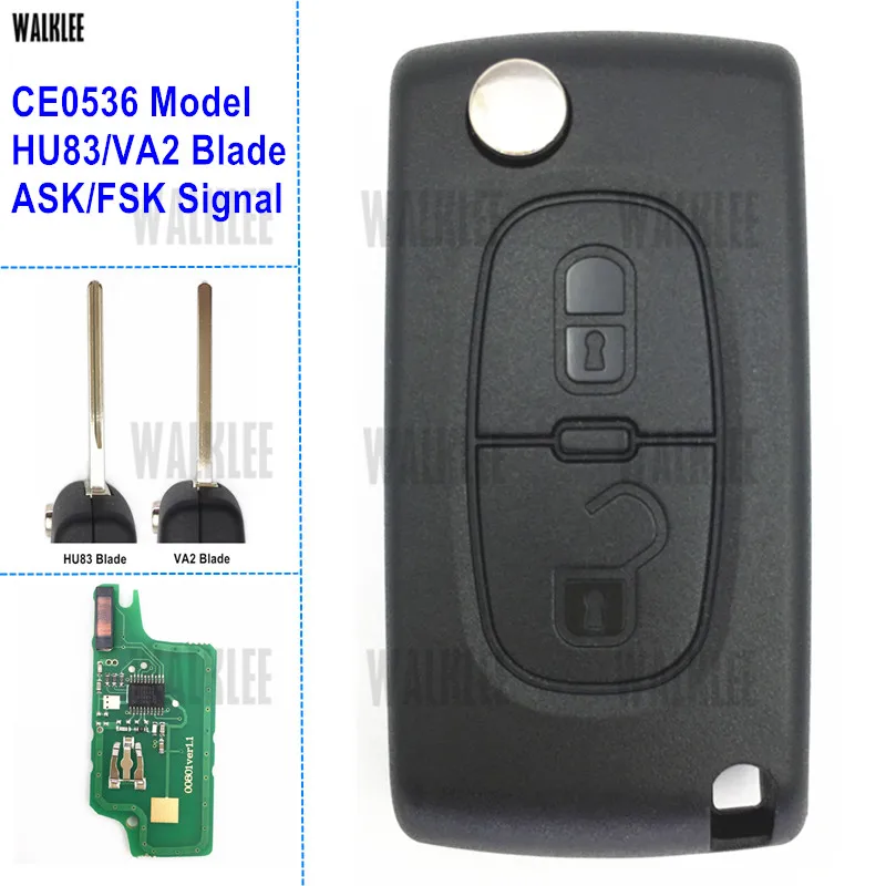WALKLEE дистанционный ключ костюм для Citroen C2/C3/C4/C5/Berlingo/Picasso 2 кнопки, CE0536 модель, HU83/VA2, ASK/FSK