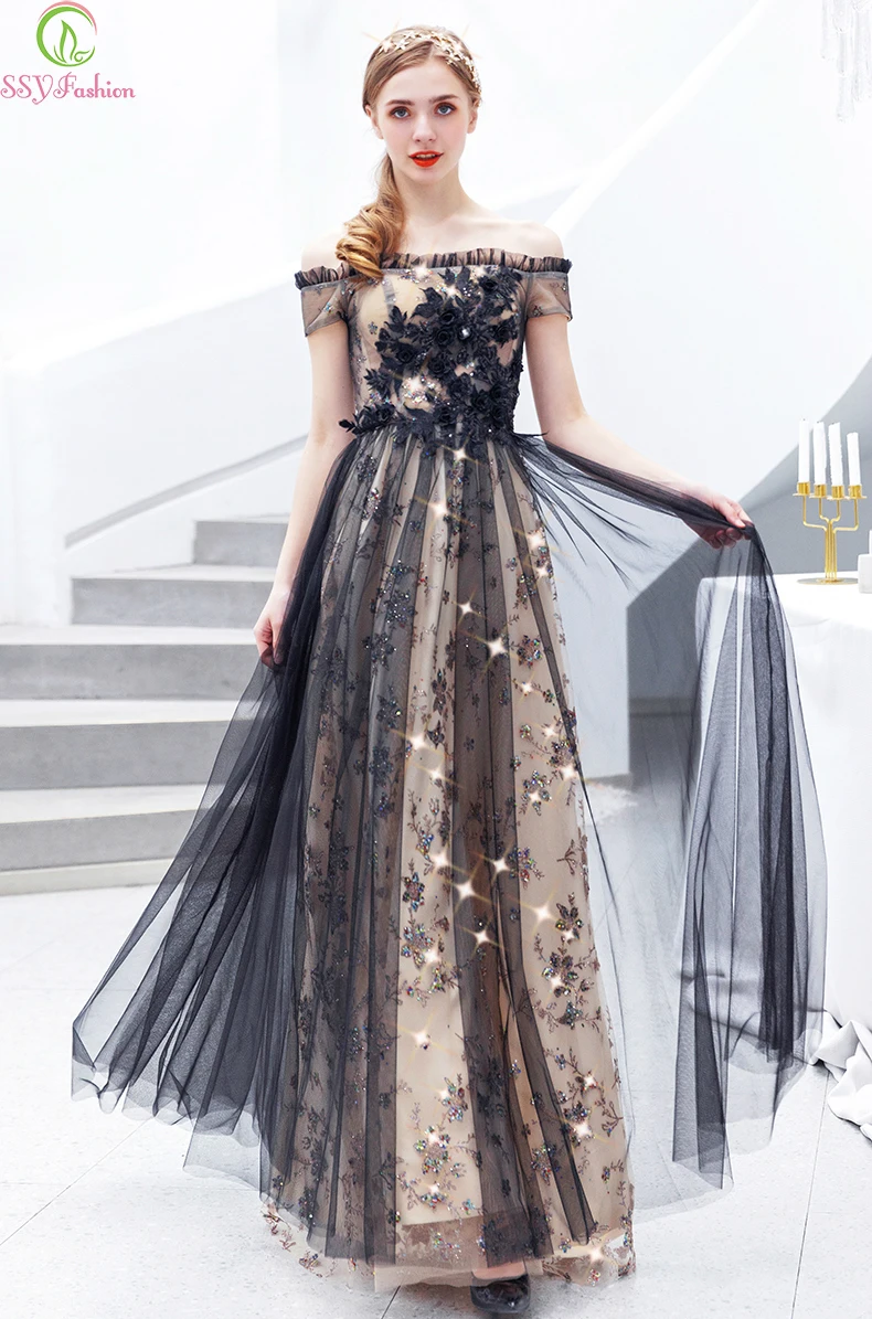 

SSYFashion New Black Evening Dress Women's Banquet Elegant Floor-length Lace Appliques Beading Party Formal Gown Robe De Soiree