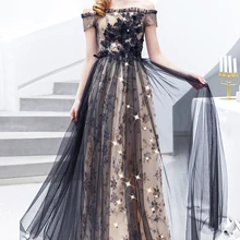 SSYFashion, новинка, Черное вечернее платье, женское, для банкета, элегантное, длина до пола, кружево, аппликация, бисер, вечерние, торжественное платье, Robe De Soiree