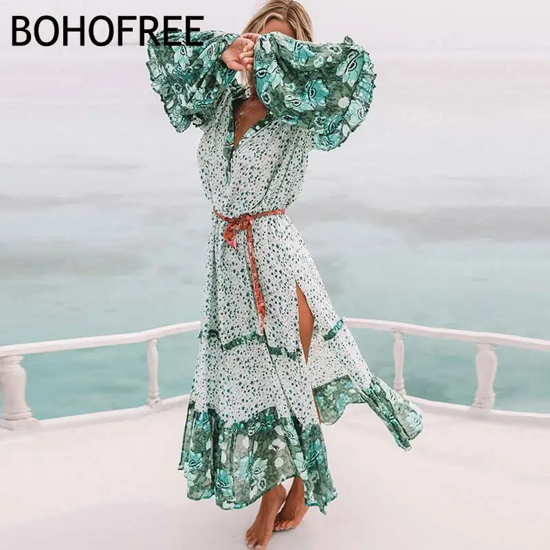 Женское длинное платье с разрезом BOHOFREE Пляжное Платье на пуговицах цветочным