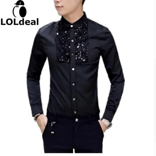 Новинка 2017 года корейский бренд моды блесток Slim Fit Для мужчин S Кружевная рубашка