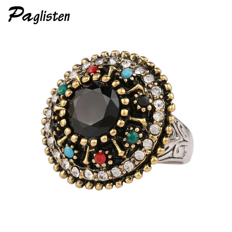 

HOT new Bohemian national wind retro ring colorful crystal inlaid elegant exquisite carved lady ring Faux Stone Ring