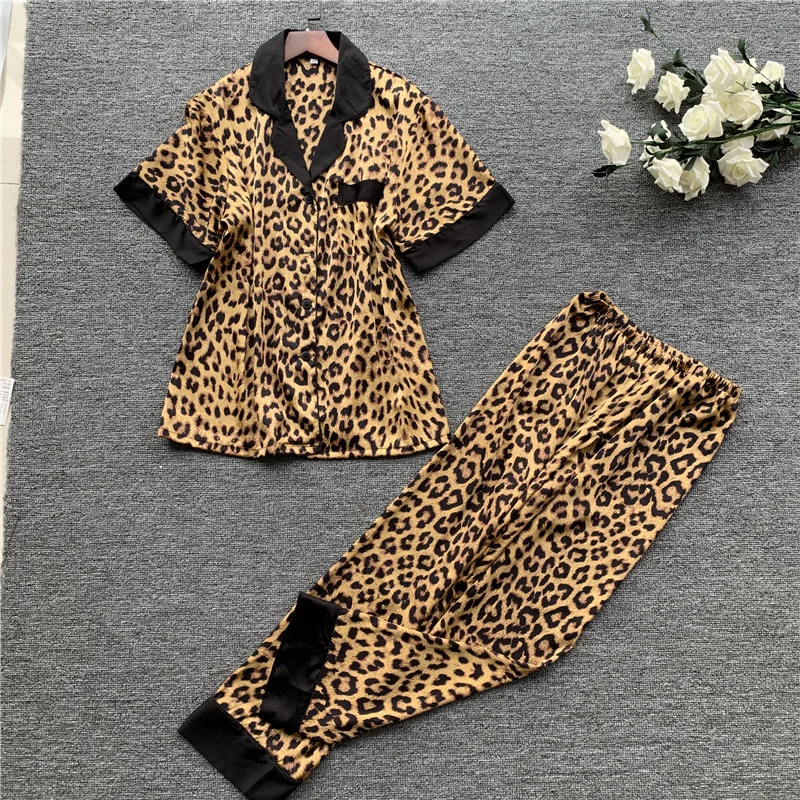 Пижама Daeyard женская с коротким рукавом леопардовая шелковая сатиновая | Женская