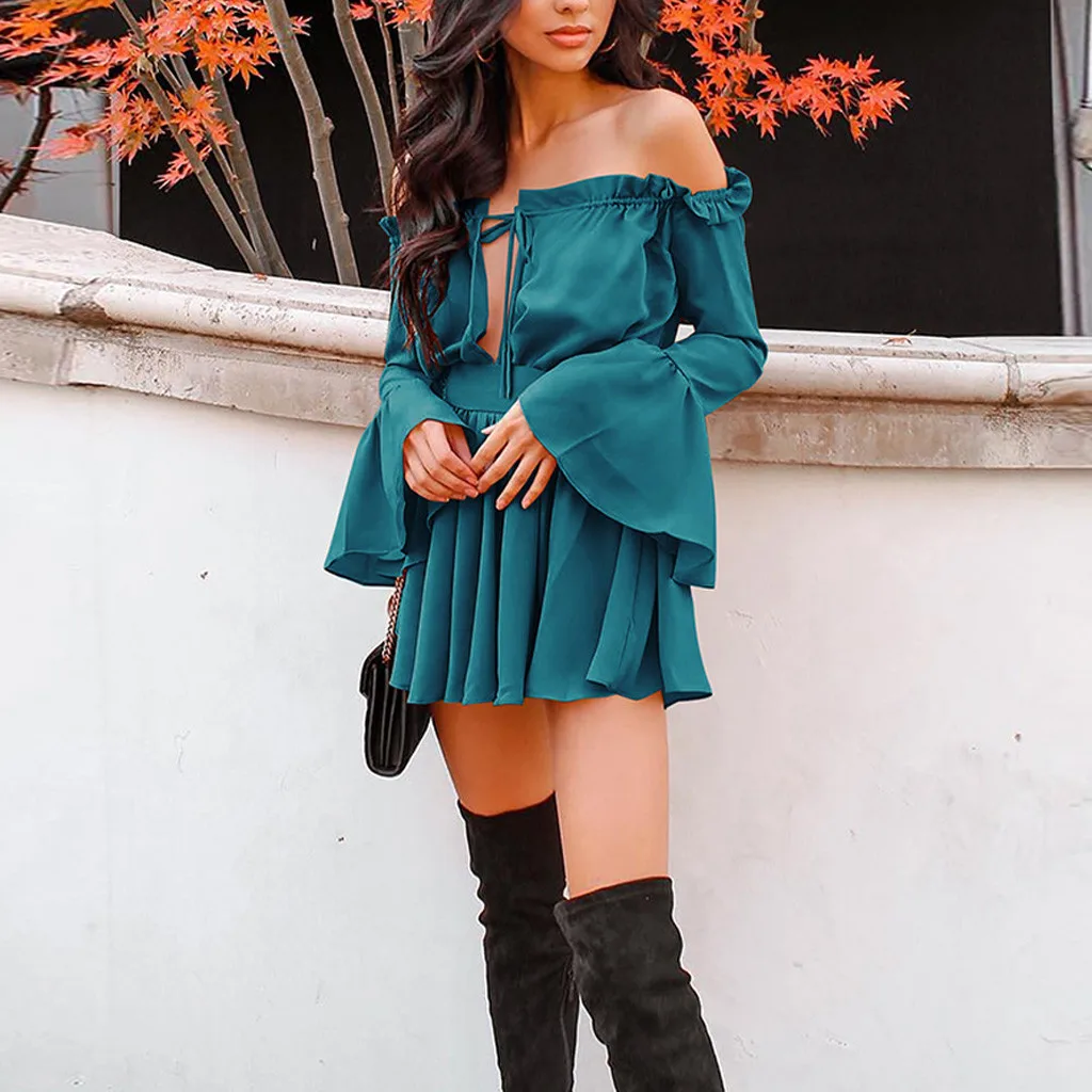 Женское платье с длинным рукавом однотонное мини вырезом и бантом для вечеринок