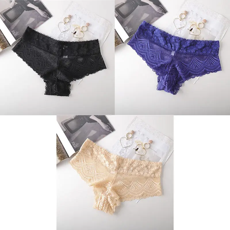 black blue nude 3 шт., женские трусики, сексуальное кружевное нижнее белье с низкой талией, Женские Дышащие прозрачные брендовые качественные новые женские трусики BANNIROU - Цвет: black blue nude