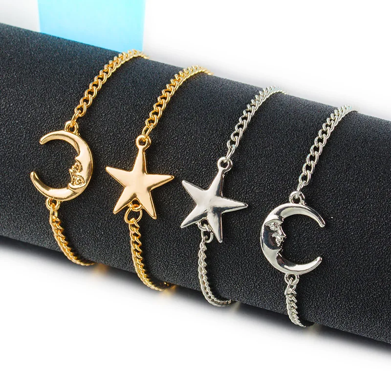 Star &amp Descent Moon Pendant Double Metallic Golden Silver Plated Bracelets 2 pieces / set | Украшения и аксессуары