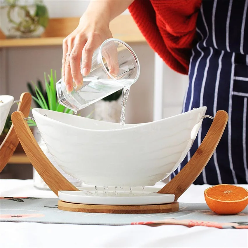 Многофункциональная керамическая сливная корзина для фруктов с бамбуковым