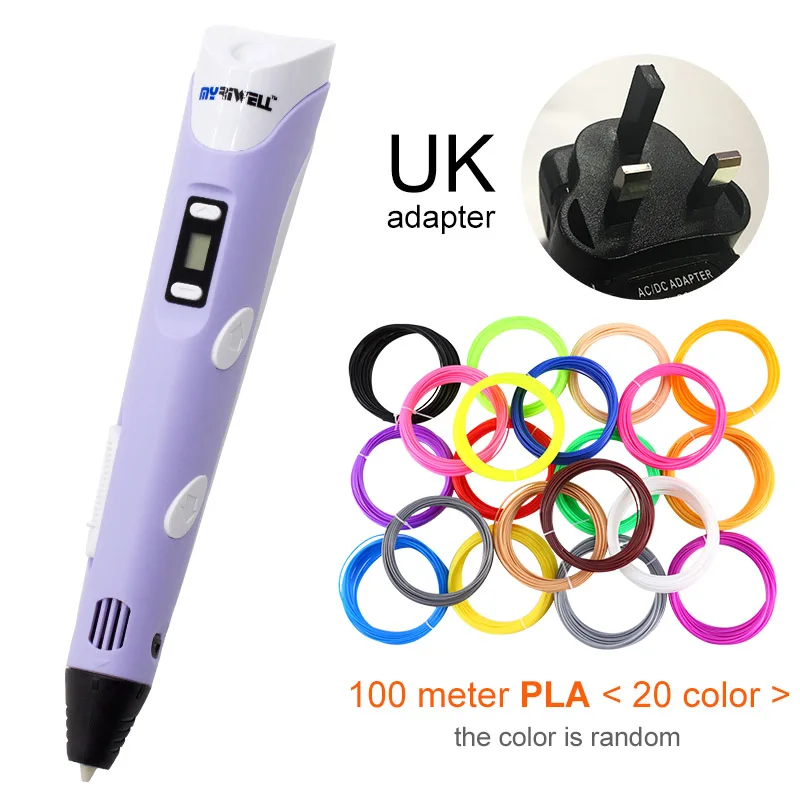 Purple UK-100m PLA Myriwell 3D Ручка светодиодный экран DIY 3D печатная ручка 100 м ABS нить креативная игрушка подарок для детей дизайн рисунок - Цвет: Purple UK-100m PLA