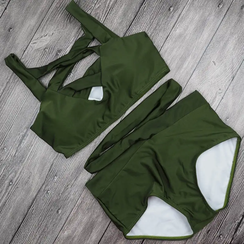 Army Green Бикини с высокой талией, купальник для женщин, пуш-ап, комплект бикини, купальник, Бразильское бикини, сексуальный бандо, Холтер, купальник, Femme biquini - Цвет: Army Green