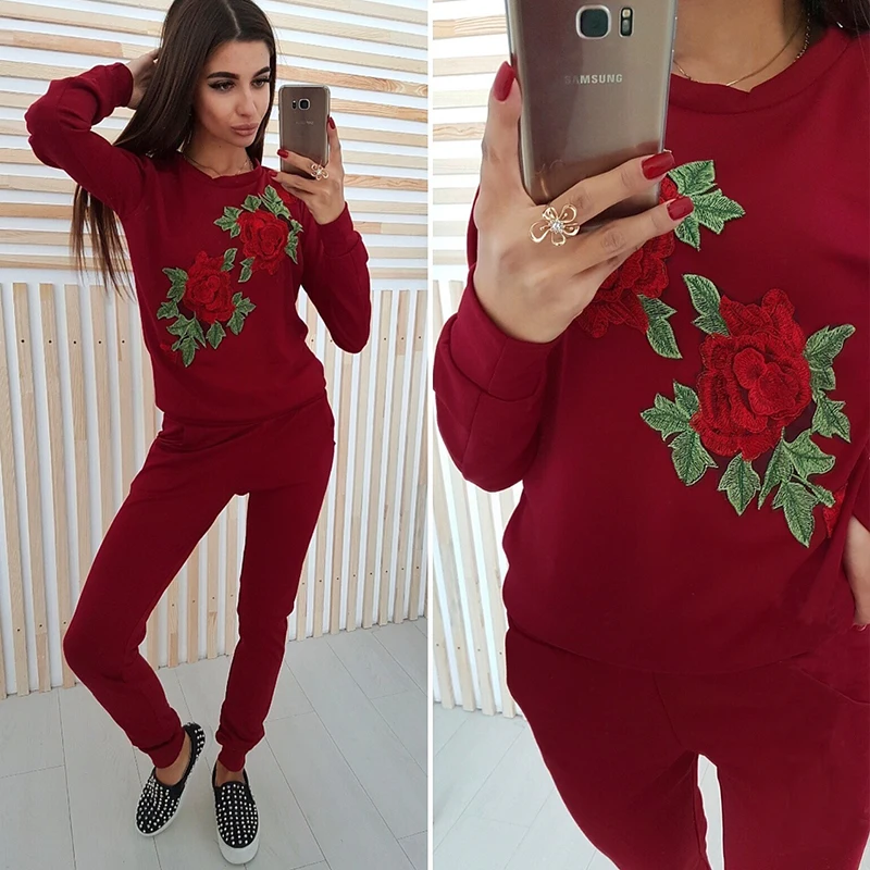 Вышитые розы Аппликация женские толстовки 2018 Осень Зима с длинным рукавом
