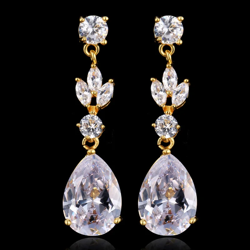 Yellow Gold LXOEN модное ожерелье с каплевидными кристаллами Длинные свадебные серьги для женщин Серебряный цвет висячие серьги с цирконием серьги ювелирные изделия подарок - Окраска металла: Yellow Gold