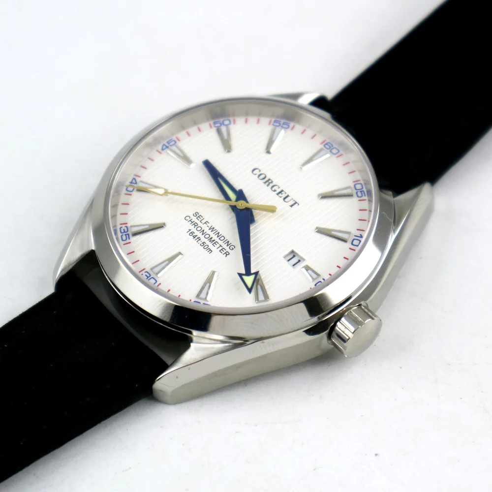 Полированные мужские часы 41 мм белый циферблат сапфировое стекло автоматические