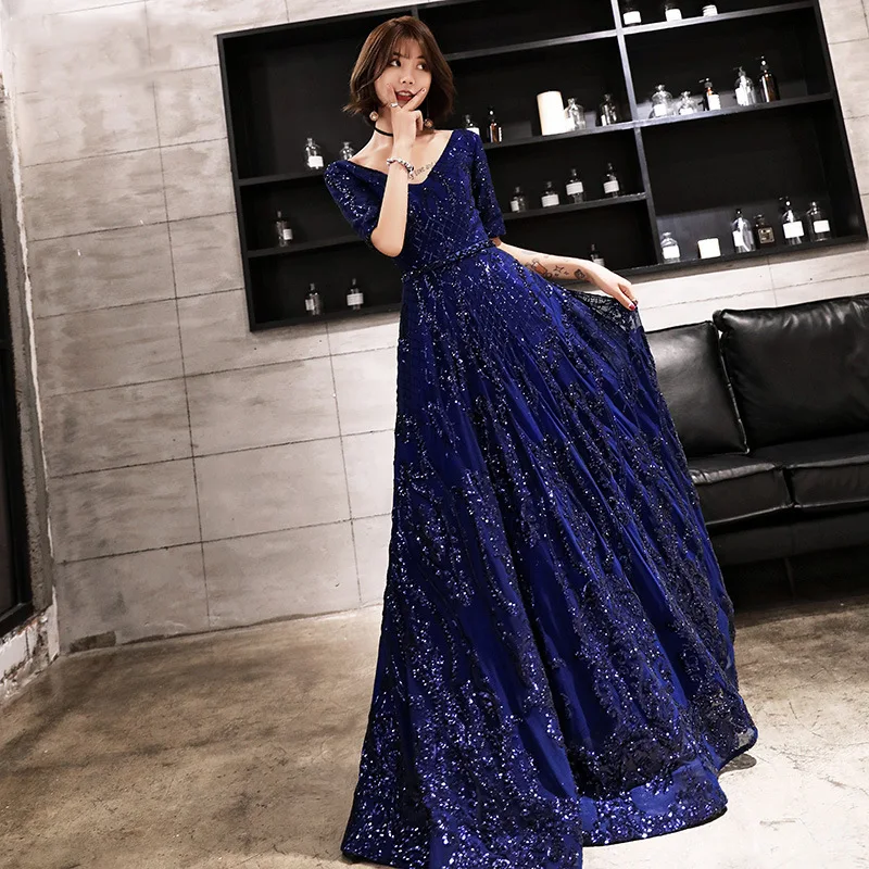 2019 Sunmmer Autumn Women Dress Blue Sequin Long Vintage Haute Couture Noble Elegant Gown Birthday Girl's Shirt A298 | Женская