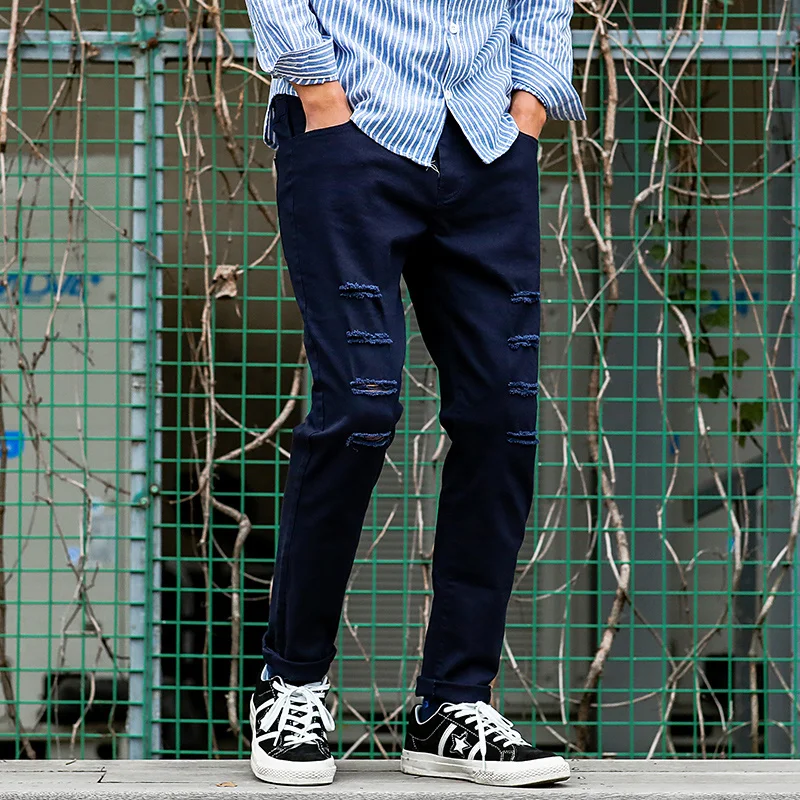 New 2019 Fashion Spring Casual Hip Hop Black Men's Water Ripped Holes Two color Cowboy Leisure Slim Fit Pants Trousers Men | Мужская