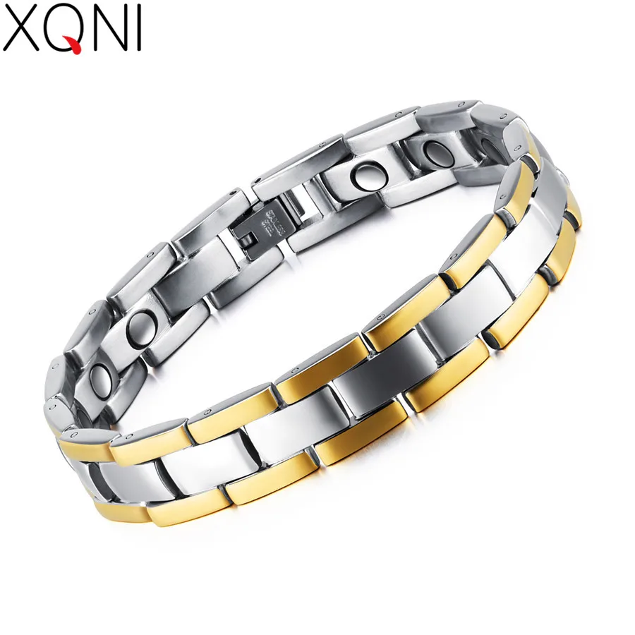 XQNI Healthy Magnetic Men Bracelet Fashion Two Tone Stripe Gold Color Link Chain Stainless Steel Charm Punk Energy Jewelry Gift | Украшения