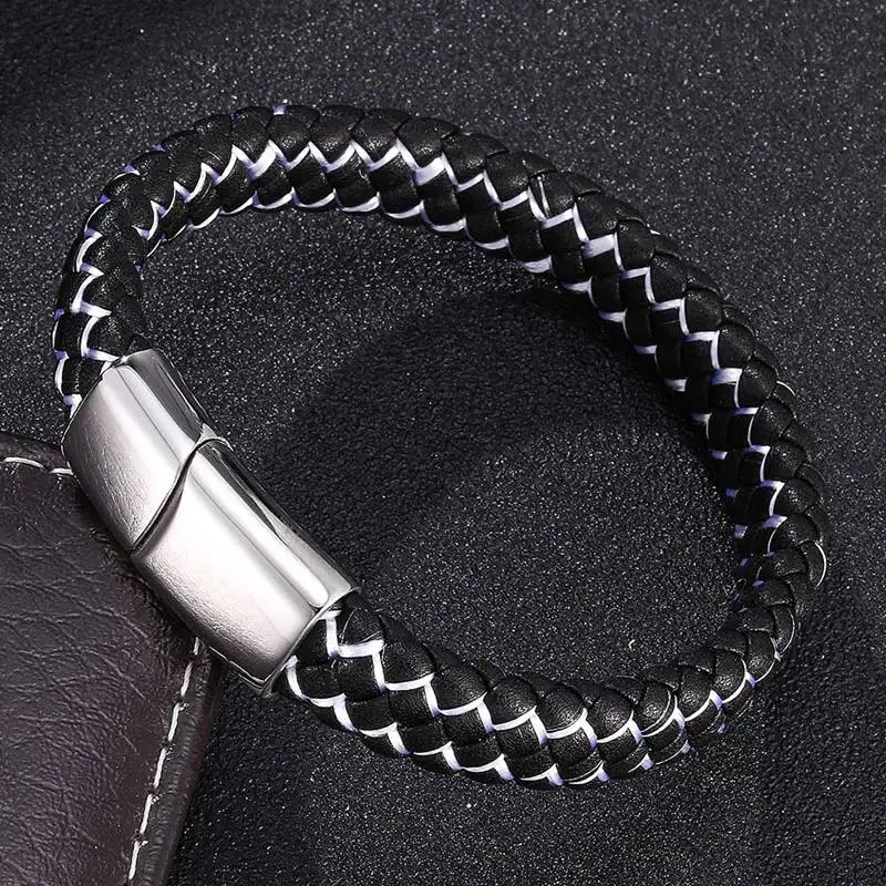Мужской плетеный кожаный браслет ручной работы из нержавеющей стали черного и
