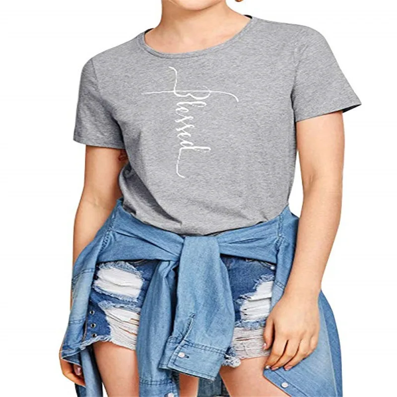 

LUSLOS BLESSED Women Simple Letter Print T Shirt Plus Size 3Color Streetwear Tshirt Homme Harajuku O-neck Vogue T-shirt