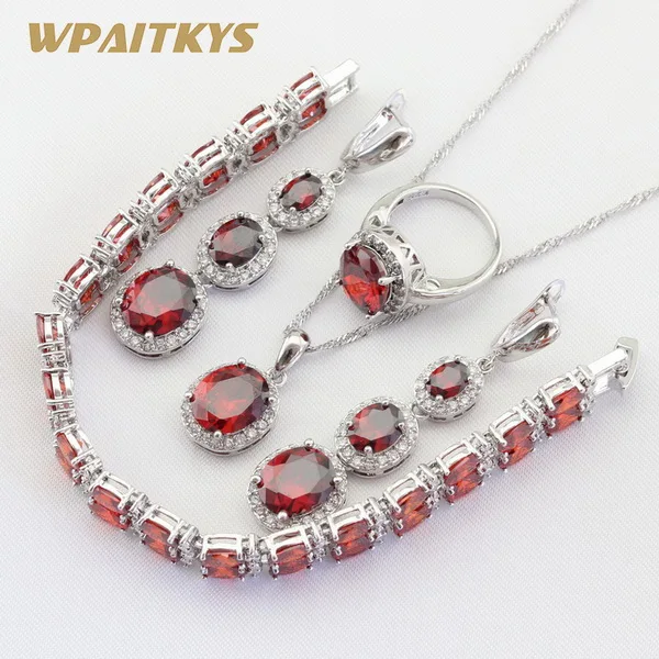 Изысканный красный кристаллический lNecklace кулон серьги кольцо браслет серебряный цвет комплекты украшений для женщин Свадьба подарочная коробка WPAITKYS - Окраска металла: 4PJS  03