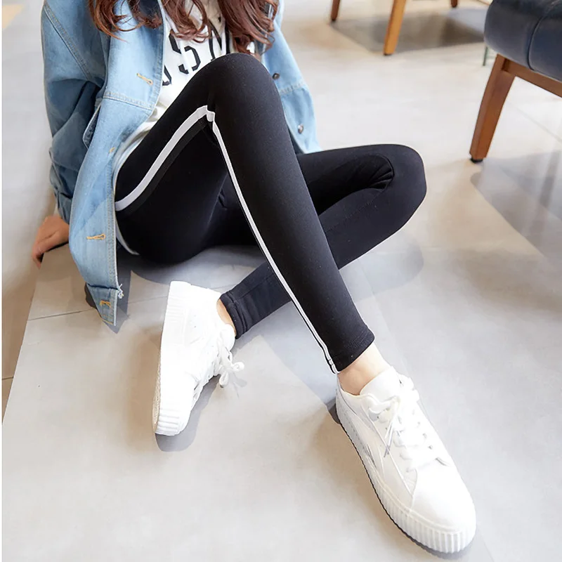 Горячая Мода хорошее качество толстые бархатные леггинсы повседневные теплые леггинсы для женщин осень зима высокие эластичные тонкие черные узкие брюки - Цвет: Black(White Stripe