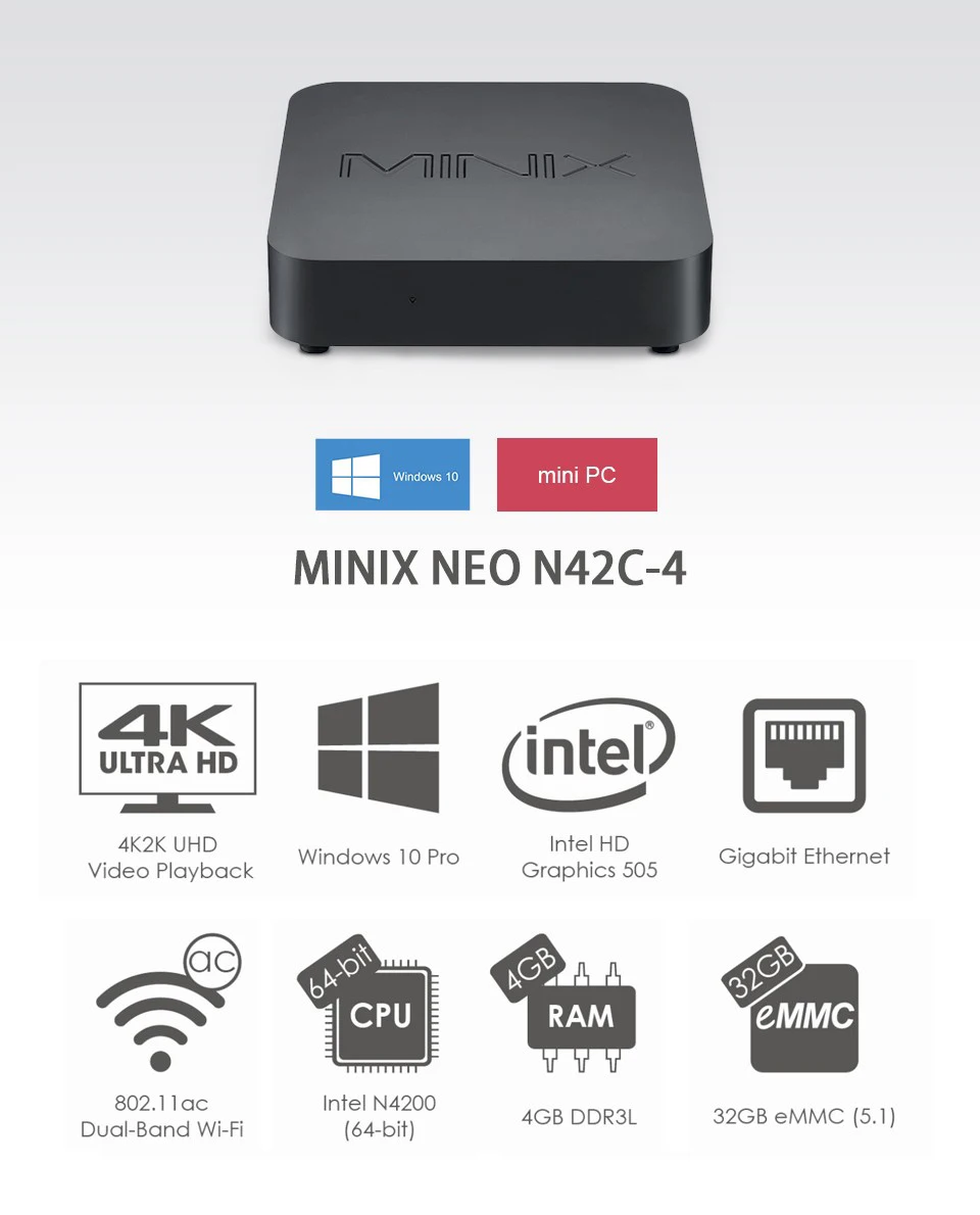 MINIX NEO N42C-4 MINI PC официальный Windows 10 Pro 64-bit Мини ПК 4G/32G Gigabit WI-FI USB 3,0 Pentium N4200 Карманный ПК HDMI BT RJ45